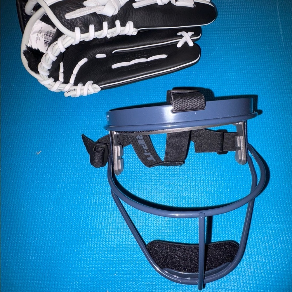 NewRip-It Navy Blue Sports Face Guard for fielding and a Rawlings Softball Glove